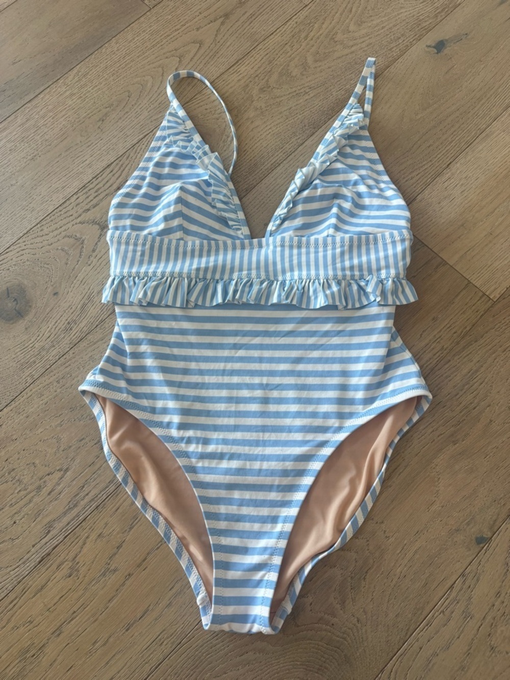 J. Crew Ruffle plunging one-piece swimsuit in mixed stripe Size 12 Blue White